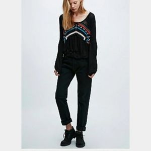 Free People New World Boho Jersey Black Long Sleeve Top Size M